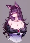  1girl animal_ears arms_behind_back bangs black_hair breasts cleavage commentary cropped_torso flying_sweatdrops grey_background highres imaizumi_kagerou large_breasts long_hair looking_at_viewer off_shoulder parted_lips raptor7 red_eyes simple_background solo symbol-only_commentary touhou upper_body wolf_ears wolf_girl 
