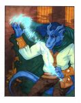  anthro blue_body blue_scales border clothed clothing dragon fingers fire hi_res horn magic male mordorinka red_eyes scales scalie solo white_border 