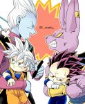  4boys :d angry beerus blue_skin bodysuit bracelet bug butterfly chibi clenched_teeth closed_eyes colored_skin commentary dougi dragon_ball dragon_ball_super ear_ornament ear_piercing english_commentary false_smile fingernails gloves grey_eyes grey_hair holding holding_pen jewelry long_sleeves looking_at_another looking_down looking_to_the_side male_focus mixed-language_commentary multiple_boys pants pen piercing purple_eyes purple_hair sash senka-san sharp_fingernails shirt smile son_goku spiked_hair tall_hair teeth twitter_username ultra_ego_(dragon_ball) ultra_instinct vegeta whis 