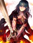  1girl bangs black_coat black_shirt black_shorts blue_eyes blue_hair bodice breasts brown_pantyhose bustier byleth_(female)_(fire_emblem) byleth_(fire_emblem) cleavage closed_mouth clothing_cutout coat collarbone commentary_request cowboy_shot crop_top delsaber fire fire_emblem fire_emblem:_three_houses highres holding holding_sword holding_weapon large_breasts long_hair medal navel navel_cutout pantyhose pantyhose_under_shorts patterned_legwear shirt short_shorts shorts solo standing sword sword_of_the_creator tassel vambraces weapon 