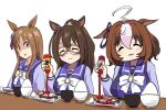  3girls :3 ^_^ ahoge animal_ears blue_eyes blue_ribbon blush bottle bow bowl bowtie brown_hair chopsticks closed_eyes domino_mask ear_scrunchie el_condor_pasa_(umamusume) empty_eyes facing_viewer fish grass_wonder_(umamusume) hair_between_eyes hair_ribbon hairband holding holding_bottle horse_ears horse_girl horseshoe_ornament hot_sauce long_hair long_sleeves looking_at_another mask meisho_doto_(umamusume) multicolored_hair multiple_girls pink_hairband pouring purple_serafuku purple_shirt ribbon rice sailor_collar sailor_shirt school_uniform serafuku shaded_face shirt short_hair simple_background tenten_(chan4545) tracen_school_uniform trait_connection two-tone_hair umamusume white_background white_bow white_bowtie white_hair 