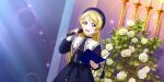  1girl absurdres ayase_eli bangs beret blonde_hair blue_eyes book candle candlestand collared_dress dress flower hair_ornament hat hat_ornament highres holding holding_book holding_microphone indoors long_hair long_sleeves love_live! love_live!_school_idol_festival_all_stars love_live!_school_idol_project microphone music official_art open_mouth plant ribbon rose sash singing sleeve_cuffs smile solo sparkle star_(symbol) star_hair_ornament star_hat_ornament sunlight tassel very_long_hair 