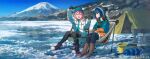  2girls aqua_coat beanie black_gloves black_pantyhose blue_hair boots brown_footwear bucket camping camping_chair coat cooking_pot day drill fishing fishing_rod full_body gloves grey_headwear hair_between_eyes hat hayateluc highres holding holding_fishing_rod ice_fishing kagamihara_nadeshiko long_sleeves looking_at_another multicolored_clothes multicolored_scarf multiple_girls on_chair open_clothes open_coat open_mouth outdoors pantyhose pink_hair portable_stove scarf shima_rin sitting tent twitter_username white_coat winter winter_clothes yurucamp 