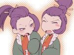  ace_attorney androgynous blush closed_eyes hair_bun hair_ornament hair_stick hand_fan haori holding holding_fan japanese_clothes kimono looking_at_another minashirazu multicolored_clothes multicolored_kimono open_mouth phoenix_wright:_ace_attorney_-_spirit_of_justice purple_hair single_hair_bun uendo_toneido 