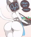  android animated anthro anus apron apron_only butt clothing dialogue felid feline female food_tray genitals jiggling kekitopu kerfus looking_at_viewer looking_back machine mammal mostly_nude pussy robot shaking_butt simple_background tail tail_motion thick_thighs 