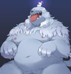  2022 anthro areola arm_tuft barely_visible_genitalia barely_visible_penis belly_tuft blue_body blue_fur candle canid canine crotch_tuft fur generation_9_pokemon genitals greavard hair hair_over_eyes hi_res light lighting male mammal navel nintendo nipples o-ro overweight overweight_male paw_pose penis penis_base pokemon pokemon_(species) pokemorph pose sharp_teeth simple_background sitting solo teeth tongue tongue_out tuft 
