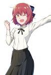  1girl ;d alternate_costume arm_up azami_masurao bangs black_ribbon black_skirt blue_bow bow commentary_request cosplay hair_between_eyes hair_bow highres kohaku_(tsukihime) long_sleeves looking_at_viewer neck_ribbon one_eye_closed open_mouth red_hair ribbon shirt short_hair simple_background skirt smile solo tohno_akiha tohno_akiha_(cosplay) tsukihime tsukihime_(remake) white_background white_shirt yellow_eyes 