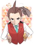 1boy ace_attorney antenna_hair apollo_justice blue_necktie blush bracelet brown_hair closed_mouth collared_shirt forehead frown furrowed_brow grey_eyes hands_on_hips jewelry looking_at_viewer male_focus minashirazu necktie pov pov_hands red_vest shirt short_hair solo_focus upper_body vest white_shirt 