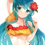  1girl aqua_eyes aqua_hair arm_up bangs breasts cleavage eirika_(fire_emblem) eirika_(summer)_(fire_emblem) fire_emblem fire_emblem:_the_sacred_stones fire_emblem_heroes flower hair_flower hair_ornament highres jurge light_smile long_hair looking_at_viewer official_alternate_costume red_flower sidelocks solo swimsuit upper_body white_background 