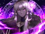  1girl bangs black_dress book closed_mouth delsaber dress fingernails fire_emblem fire_emblem:_three_houses gold_trim holding holding_book long_hair looking_at_viewer lysithea_von_ordelia magic magic_circle multicolored_clothes open_book pink_eyes purple_dress reaching_towards_viewer solo two-tone_dress veil very_long_hair white_hair white_sleeves 
