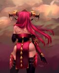  1girl alexstrasza artist_name ass bare_shoulders black_gloves black_thighhighs cowboy_shot dress elbow_gloves facing_away from_behind gloves horns long_hair multicolored_background red_armor red_dress red_hair shiny_skin sleepingsol solo thighhighs warcraft world_of_warcraft 