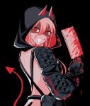  1girl artist_name backless_outfit belt_pouch black_background black_gloves black_hoodie blood blood_on_clothes blood_on_face blood_on_knife blood_on_weapon chainsaw_man claireiosity cosplay cross-shaped_pupils demon_tail dorohedoro gloves hair_between_eyes highres holding holding_knife hood hoodie horns horns_through_headwear kitchen_knife knife long_hair looking_at_viewer nikaidou_(dorohedoro) nikaidou_(dorohedoro)_(cosplay) pink_hair pouch power_(chainsaw_man) red_eyes red_horns red_tail red_theme simple_background solo symbol-shaped_pupils tail weapon 