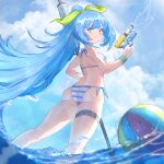  1girl absurdres ass back ball beachball bikini blue_eyes blue_hair breasts cloud cloudy_sky commentary_request from_behind girls&#039;_frontline girls&#039;_frontline_neural_cloud green_ribbon hair_ribbon halterneck highres holding holding_staff holding_water_gun legs long_hair looking_at_viewer looking_back max_(girls&#039;_frontline_nc) official_alternate_costume outdoors ponytail ribbon side-tie_bikini_bottom sky small_breasts smile solo staff striped striped_bikini swimsuit thigh_strap very_long_hair wading water water_gun wet wristband zerowill 