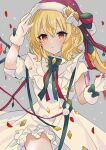  1girl alternate_costume blonde_hair commentary cowboy_shot dress flandre_scarlet frilled_dress frills fur-trimmed_gloves fur_trim gloves green_ribbon grey_background hair_between_eyes hat highres long_hair looking_at_viewer multicolored_wings necono_(nyu6poko) one_side_up red_eyes red_ribbon ribbon santa_hat short_sleeves simple_background solo touhou white_dress white_gloves wings 