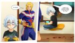  2boys :d aged_down all_might bangs barefoot blood blue_bodysuit blue_eyes bodysuit boku_no_hero_academia gloves grey_bodysuit grey_hair handheld_game_console highres indoors injury looking_at_another looking_to_the_side male_focus multicolored_bodysuit multicolored_clothes multiple_boys parted_bangs playstation_vita red_bodysuit red_eyes shigaraki_tomura short_hair sitting smile superhero teeth trevo_(trevoshere) wooden_floor yagi_toshinori yellow_bodysuit yellow_gloves 