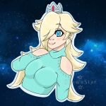  blonde_hair blue_eyes clothed clothing cosmic_background crown digital_media_(artwork) ear_piercing female hair hair_over_eye hi_res human looking_at_viewer mammal mario_bros nintendo one_eye_obstructed piercing rosalina_(mario) shaded shawnstar smile solo solo_focus space star starry_background super_mario_galaxy topwear video_games 