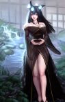  1girl artist_name bangs bare_shoulders black_hair breasts cleavage closed_mouth feet_out_of_frame kitsune large_breasts long_hair looking_at_viewer magic obi off_shoulder original outdoors own_hands_together sash sleepingsol smile solo water 