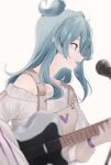  absurdres blue_eyes blue_hair dragon_girl elira_pendora fang gloves guitar hair_wings highres holding holding_instrument instrument long_hair long_sleeves maru_ccy microphone mole_on_body nijisanji nijisanji_en open_mouth overalls single_glove sweater virtual_youtuber white_background 