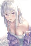  1girl bangs blurry blurry_background blush breasts cleavage collarbone commentary dress emilia_(re:zero) eyelashes frilled_dress frills grey_hair hair_between_eyes hair_over_shoulder highres leaning_forward long_hair loungewear medium_breasts messy_hair moda_(mo_da_3) off_shoulder on_bed open_mouth pajamas pointy_ears purple_eyes purple_pajamas re:zero_kara_hajimeru_isekai_seikatsu sidelocks sleepy solo sunlight wavy_hair white_background white_dress 