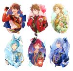  6+boys aqua_hair asymmetrical_bangs balloon bangs black_gloves black_nails blonde_hair blue_eyes blue_hair bouquet braid brown_hair bubble closed_mouth collared_shirt commentary_request ensemble_stars! epaulettes feathers fingernails flower formal frilled_sleeves frills gloves green_flower hair_between_eyes hakaze_kaoru hat heart_balloon hibiki_wataru high_collar holding holding_bouquet holding_lantern holding_stuffed_toy jacket jewelry lantern long_hair long_sleeves male_focus morisawa_chiaki multicolored_hair multiple_boys neck_ribbon necklace necktie open_mouth partial_commentary pink_flower ponytail red_eyes red_hair ribbon sakasaki_natsume seuga sharp_fingernails shinkai_kanata shirt short_hair single_braid star_(symbol) streaked_hair striped striped_ribbon stuffed_animal stuffed_dolphin stuffed_toy suit takamine_midori teeth upper_body upper_teeth_only vest white_gloves white_hair yellow_eyes 