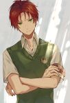  1boy closed_mouth collared_shirt crossed_arms fingernails green_eyes highres idolmaster idolmaster_side-m idolmaster_side-m_growing_stars kame_(unaikodori) looking_at_viewer male_focus mayumi_eishin red_hair school_uniform shirt short_hair short_sleeves solo upper_body 