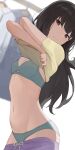  1girl bangs black_hair blunt_bangs blurry blurry_background bra breasts cleavage clothes_lift commentary_request green_bra green_panties highres hiroki_(yyqw7151) inoue_takina lifted_by_self long_hair lycoris_recoil medium_breasts panties purple_eyes shirt shirt_lift short_sleeves solo underwear undressing yellow_shirt 