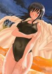  1girl amagami bangs black_hair black_one-piece_swimsuit blue_eyes breasts cameltoe commission competition_swimsuit covered_navel cowboy_shot dusk gradient_sky highres horizon jacket jacket_on_shoulders jishaku_(user_rcuz2843) long_hair medium_breasts morishima_haruka ocean one-piece_swimsuit orange_sky parted_lips sidelocks skeb_commission sky solo star_(sky) swimsuit 