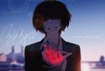  1boy black_hair black_jacket black_necktie blue_eyes blurry blurry_background depth_of_field fingernails grin highres jacket looking_at_viewer necktie original pigeon666 short_hair smile solo upper_body 