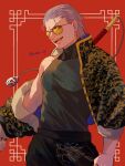  1boy :d artist_name black_jacket black_pants black_shirt chinese_clothes hidan_(naruto) highres holding holding_scythe holding_weapon jacket long_sleeves looking_at_viewer male_focus muscular muscular_male naruto_(series) naruto_shippuuden open_mouth pants red_background red_eyes scythe shirt short_hair sleeveless sleeveless_shirt smile solo sunglasses turtleneck unno_24 v-shaped_eyebrows weapon white_hair 