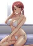  1girl bikini blush breasts brown_eyes cleavage closed_mouth commentary_request highres idolmaster idolmaster_cinderella_girls large_breasts looking_at_viewer mifune_miyu ponytail red_hair short_hair side-tie_bikini_bottom sitting smile solo swimsuit tomajiyama white_bikini window 