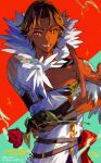  1boy bangs brown_eyes brown_hair dark-skinned_male dark_skin feather_collar feathers flower fogado_(fire_emblem) gloves grin highres long_sleeves looking_at_viewer mika_pikazo parted_bangs red_flower red_rose rose shirt short_hair smile solo star_(symbol) symbol-shaped_pupils teeth very_dark_skin 