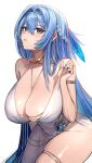  1girl absurdres armlet bangs bare_shoulders blue_eyes blue_hair braid breasts circlet cleavage dress evening_gown french_braid goddess_of_victory:_nikke gold_choker hair_between_eyes helm_(chandelier)_(nikke) helm_(nikke) highres huge_breasts jewelry kaki_z3 long_hair necklace solo strap_pull thick_thighs thighlet thighs white_background white_dress 