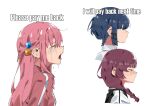  3girls bangs blue_eyes blue_hair blunt_bangs bocchi_the_rock! braid closed_eyes closed_mouth crying cube_hair_ornament english_commentary english_text gotou_hitori hair_between_eyes hair_ornament highres hiroi_kikuri jacket long_hair meme multiple_girls one_side_up pink_hair pink_jacket red_hair simple_background takao_(88499191) track_jacket upper_body white_background yamada_ryou 