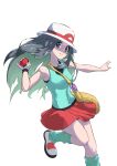  1girl absurdres black_wristband blue_eyes bucket_hat closed_mouth commentary_request green_shirt green_socks hair_flaps hat highres holding holding_poke_ball keeno-ringo46 leaf_(pokemon) leg_up long_hair loose_socks outstretched_arm pleated_skirt poke_ball pokemon pokemon_(game) pokemon_frlg red_skirt shirt shoes simple_background skirt sleeveless sleeveless_shirt smile socks solo vs_seeker white_background white_footwear white_headwear wristband yellow_bag 