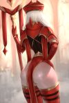  1girl armor artist_name ass elbow_gloves facing_away from_behind gloves hand_on_hip holding holding_staff human_(warcraft) long_hair red_gloves red_headwear red_thighhighs sally_whitemane shiny_skin short_sleeves shoulder_armor sleepingsol solo staff thigh_strap thighhighs warcraft white_hair world_of_warcraft 