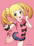  1girl blonde_hair blue_shorts blush bow clenched_hand commentary_request cosplay eyelashes green_eyes highres holding holding_poke_ball kinocopro leg_up lillie_(pokemon) looking_at_viewer lower_teeth_only open_mouth pink_background pink_footwear pink_shirt poke_ball poke_ball_(basic) pokemon pokemon_(game) pokemon_sm pokemon_xy shauna_(pokemon) shauna_(pokemon)_(cosplay) shirt shoes short_sleeves shorts simple_background solo teeth tongue twintails twitter_username watermark wrist_cuffs 