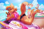  4_toes accessory anthro beach bottomwear bra canid canine clothing cloud crossed_ankles crossed_legs feet female foot_fetish fox foxer421 fur headband headphones hi_res light looking_at_viewer lying mammal on_front pink_bottomwear pink_clothing pink_shorts portable_music_player raised_tail seaside shorts sky soles solo solo_focus sports_bra summer sunlight swimwear tail tan_body tan_fur toes underwear vehicle water watercraft wave 