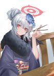  1girl absurdres arima_(step_speed) blue_archive chopsticks flower hair_flower hair_ornament halo haruna_(blue_archive) highres holding holding_chopsticks japanese_clothes kimono red_eyes simple_background white_background white_hair 