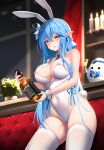  1girl :o absurdres animal_ears bare_shoulders blue_hair blue_necktie blush bottle breasts candle covered_navel cowboy_shot creature cup drinking_glass elf fake_animal_ears fake_tail hairband highres holding holding_bottle hololive indoors large_breasts leotard long_hair looking_at_viewer multicolored_hair necktie open_mouth plant playboy_bunny pointy_ears potted_plant rabbit_ears rabbit_tail skindentation solo strapless strapless_leotard streaked_hair tail thighhighs tun_chicken two-tone_hair very_long_hair virtual_youtuber white_hairband white_leotard white_thighhighs window wrist_cuffs yellow_eyes yukihana_lamy yukimin_(yukihana_lamy) 