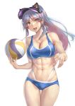 1girl ball bare_arms bare_legs bare_shoulders bikini blue_bikini blue_hair blush breasts cleavage collarbone cowboy_shot grey_eyes highres holding holding_ball kantai_collection kokuzou large_breasts long_hair multicolored_hair navel official_alternate_costume open_mouth red_hair smile solo south_dakota_(kancolle) swimsuit visor_cap volleyball 