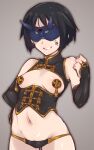  1girl bare_shoulders black_hair blindfold brave_witches clenched_hand corset em_(totsuzen_no_hakike) facial_mark groin hand_on_hip kanno_naoe mask medium_hair navel oni_mask pasties simple_background smile solo thigh_gap vambraces world_witches_series 