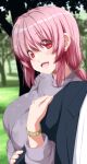  1girl :d absurdres blurry blurry_background blush breasts dating grey_shirt highres large_breasts long_sleeves nori_tamago open_mouth pink_hair red_eyes saigyouji_yuyuko shirt short_hair smile solo_focus touhou upper_body watch wristwatch 