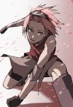  1girl bare_shoulders black_footwear black_gloves black_shorts forehead gloves green_eyes haruno_sakura headband highres konohagakure_symbol looking_at_viewer naruto_(series) naruto_shippuuden ninja parted_lips pink_hair pnpk_1013 red_shirt sandals shirt short_hair shorts sketch sleeveless sleeveless_shirt solo 