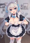  1girl :d absurdres animal_ears apron black_choker blue_bow blue_bowtie blue_nails blue_ribbon blush bow bowtie breasts cat_ears cat_tail choker cleavage earrings finger_heart hair_ribbon happy heart heart_choker highres hinata_(user_rjkt4745) jewelry large_breasts looking_at_viewer maid maid_apron maid_headdress original ribbon smile solo tail thighhighs twintails 