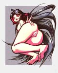  1girl absurdres ahoge animal_ear_fluff animal_ears anus ass ass_focus barefoot black_hair breasts completely_nude fangs feet floofsmear foot_focus fox_ears fox_girl from_below glowing glowing_eyes hand_on_own_ass highres huge_ass long_hair looking_at_viewer lower_body nail_polish nude original petite pussy red_eyes red_hair red_nails simple_background smug soles solo solo_focus toes tongue v 