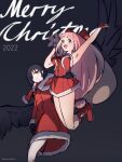  2girls arm_around_waist artbydefault bangs black_hair boots christmas corviknight dress feathered_wings fur-trimmed_dress fur_trim gloves hair_over_one_eye hat highres long_hair multiple_girls open_mouth personification pink_hair pokemon pokemon_(game) pokemon_sv purple_eyes red_dress red_eyes santa_costume santa_dress santa_hat smile tinkaton wings 