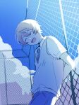  1boy against_fence bangs blonde_hair blue_sky chain-link_fence closed_eyes cloud commentary_request fence gradient_hair hair_between_eyes highres kamiyama_high_school_uniform_(project_sekai) male_focus mokux_(mo_ku) multicolored_hair necktie open_mouth orange_eyes project_sekai school_uniform short_sleeves sky smile solo striped_necktie tenma_tsukasa vest 