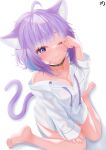  1girl ahoge animal_ear_fluff animal_ears black_collar blue_hair breasts cat_ears cat_girl cleavage collar highres hololive large_breasts looking_at_viewer medium_hair multicolored_hair muutsu_(maxwell0916) naked_shirt nekomata_okayu one_eye_closed purple_eyes purple_hair purple_ribbon ribbon rubbing_eyes shirt tail two-tone_hair unbuttoned unbuttoned_shirt virtual_youtuber white_shirt 