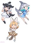  3girls animal_ears black_hair blonde_hair blue_eyes bow bowtie cat_ears cat_girl cat_tail cetacean_tail commerson&#039;s_dolphin_(kemono_friends) common_bottlenose_dolphin_(kemono_friends) dolphin_girl elbow_gloves fish_tail gloves grey_hair kemono_friends kneehighs multiple_girls official_art one_eye_closed open_mouth serval_(kemono_friends) shirt short_hair skirt sleeveless sleeveless_shirt smile socks tail yellow_eyes yoshizaki_mine 