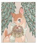  basket border container curtains deer ear_piercing ear_ring faline female feral flower hi_res holding_in_mouth mammal memegmu piercing pinecone plant ring_piercing scarf solo white_border 